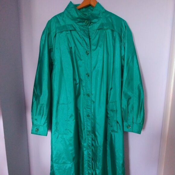 Vintage Maggie Lawrence Long Trench Coat Rain Jacket 20W Shiny Green *FLAWS - Picture 1 of 12